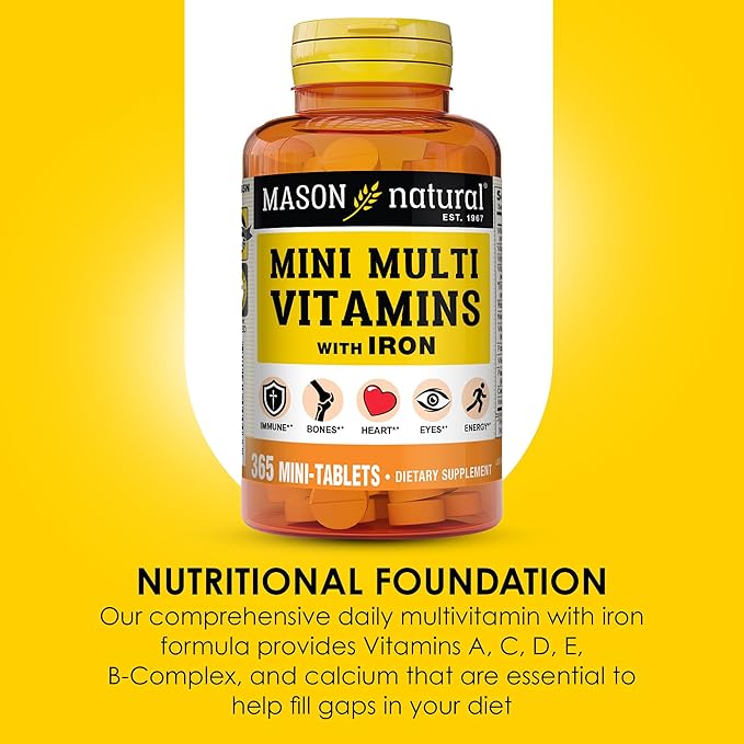 MASON NATURAL Mini Multi Vitamins with Iron, Vitamins A, C, D, E, B1, B2, B3, B6, B12, Folate and Calcium for Overall Health, 1 Year Supply