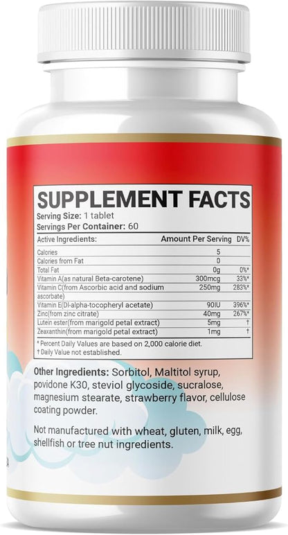 Kids Eye Health 1 Chewable Tablet A Day Halal Vitamins Strawberry Flavor 60 Servings for Age 4-12.