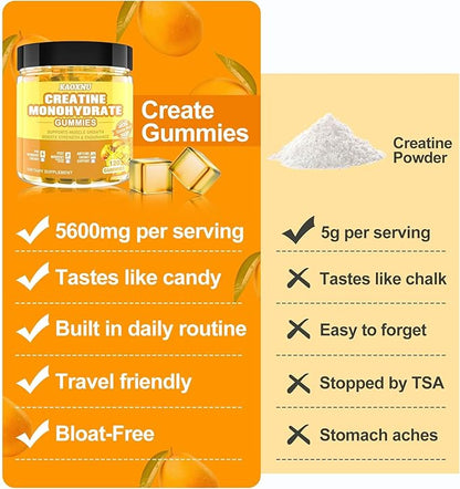 Creatine Monohydrate Gummies 5600mg for Men & Women, 120 CT Chewable Creatine Gummies for Muscle Support, Energy Boost, 5.6g of Creatine Monohydrate per Serving - Sugar Free, Vegan (Mango Flavor)
