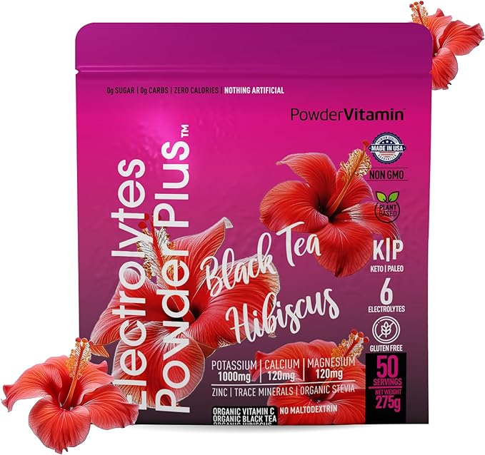 Electrolytes Powder Plus (50 Servings) Black Tea Hibiscus Electrolyte Powder Keto, Sugar Free, Pink Himalayan Salt,1000mg Potassium,120mg Calcium,120mg Magnesium, Hydration Powder
