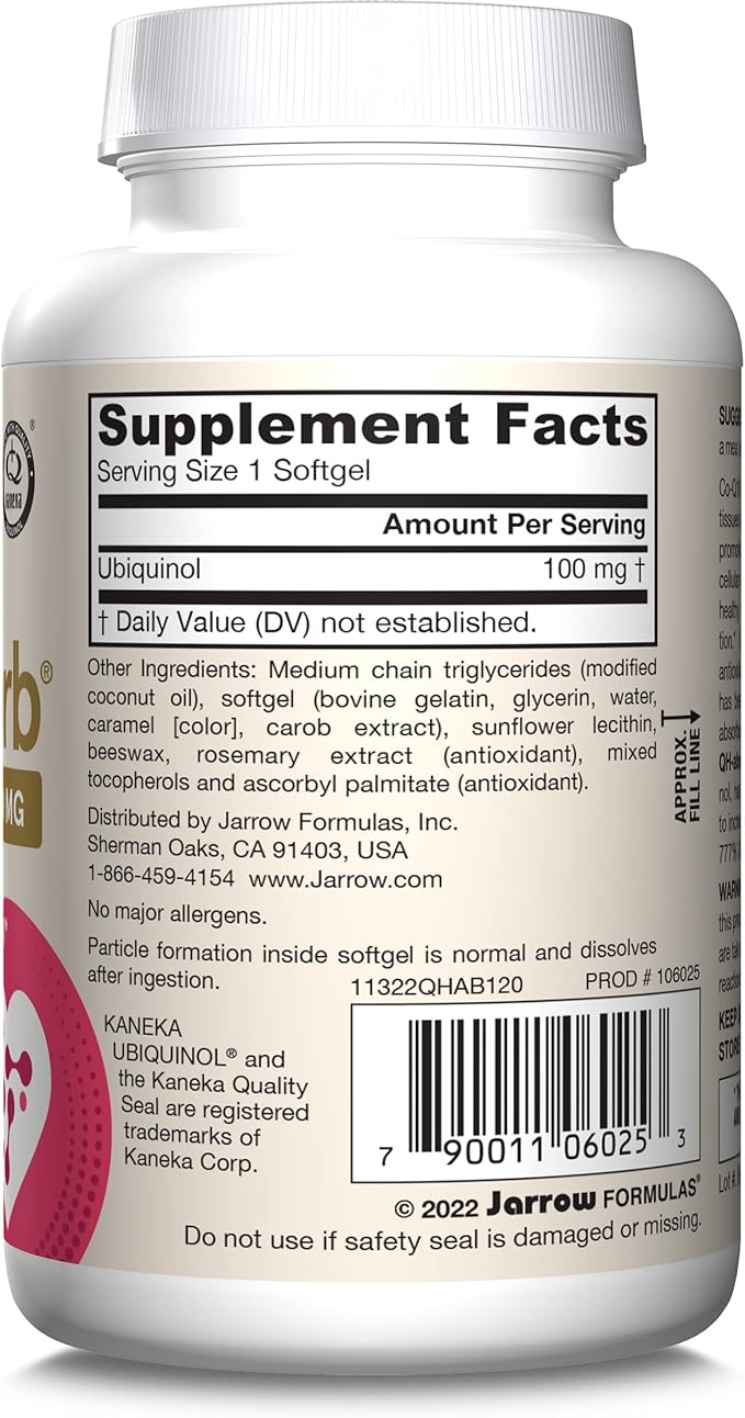 Jarrow Formulas QH-Absorb, 100 mg, Ubiquinol Dietary Supplement for Healthy Cardiovascular Function, 120 Softgels, 120 Day Supply