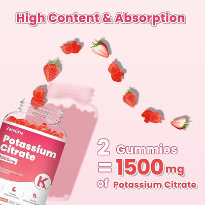 Potassium Gummies for Adults & Women, 1500mg Potassium Citrate Supplement, Support Leg Cramps, Muscle Health & Electrolyte Balance, Sugar Free, Organic, Vegan, Strawberry, 60 Cts