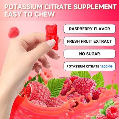 Potassium Citrate Gummies, High Potassium Supplement Gummies 1200mg Support Leg Cramps & Muscle Health, Potassium Gummies for Adults & Kids, Vegan, Raspberry Flavor 120 Count