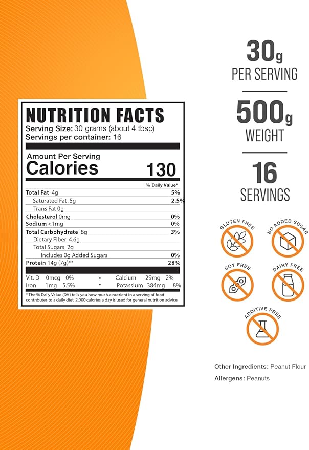 BulkSupplements.com Peanut Flour Protein Powder - Peanut Butter Powder, Peanut Butter Protein, Powdered Peanut Butter - Gluten Free & No Added Sugars, 30g per Serving, 500g (1.1 lbs)