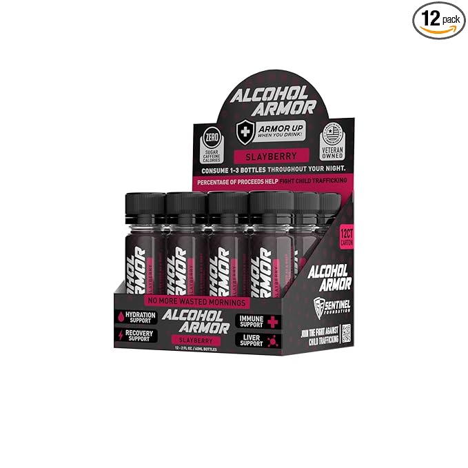 Alcohol Armor Slay Berry Elixir - Hydration Support, Essential Vitamins and Electrolytes, Vitamin B12, Milk Thistle - 12 Pack