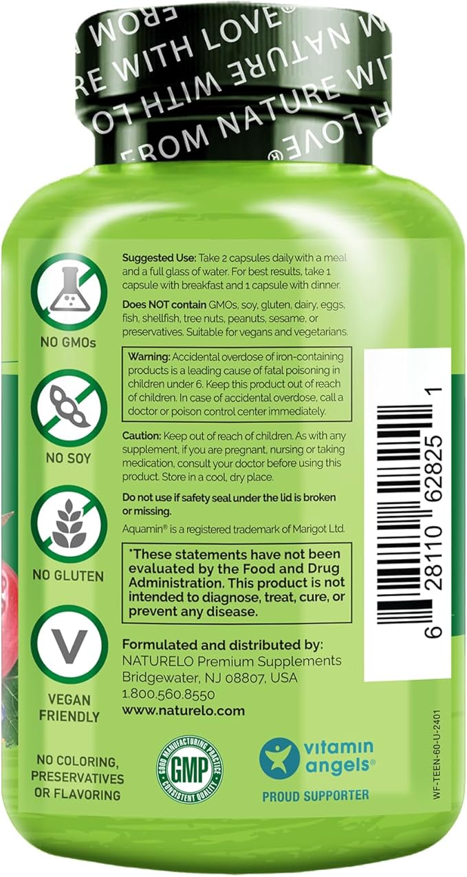 NATURELO Whole Food Multivitamin for Teens - Vitamins and Minerals for Teenage Boys and Girls - Supplement for Active Kids - with Organic Whole Foods - Non-GMO - Vegan & Vegetarian - 60 Capsules