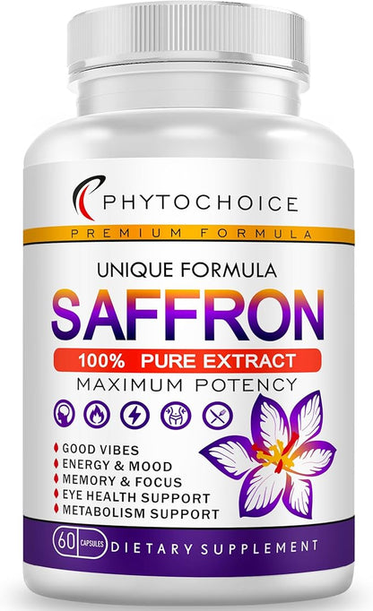 Saffron Supplements - 100% Pure Saffron Extract Capsules - Boost Energy & Mood, Focus, Vision, Supports Eye, Retina, and Lens Health, Support Heart Health for Women & Men - Made in USA - 60 Capsules
