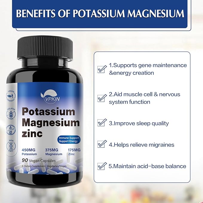 Potassium Magnesium Supplement 1000mg,High Absorption Magnesium Potassium Zinc Aspartate (90 Capsules)