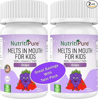 Chewable Iron Supplements for Kids (Ferronyl®/Carbonyl Iron 9 mg with Vitamin C 30 mg) Tablet in Delicious Grape Flavor | Kids Iron Supplement 90 Count (2 Bottles)