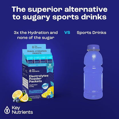 KEY NUTRIENTS Multivitamin Electrolytes Powder Packets - Delicious Blueberry Lemonade 40 Pack Hydration Packets - Travel Hydration Powder - No Sugar, No Calories, Gluten Free - Made in USA