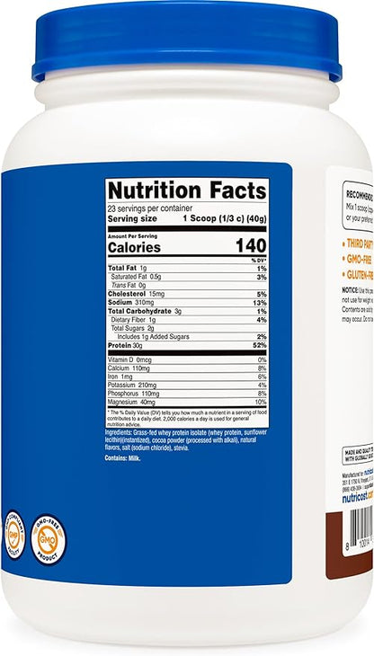 Nutricost Grass-Fed Whey Protein Isolate (Chocolate) 2LBS - Non-GMO, Gluten Free, Natural Flavors