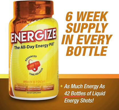 iSatori Energize Brain & Focus Caffeine Pills - Fast Acting All Day Energy Pills, Brain Booster, Energy and Focus Supplement, Time Release Caffeine Means No Jitters, No Crash (60 Tablets)