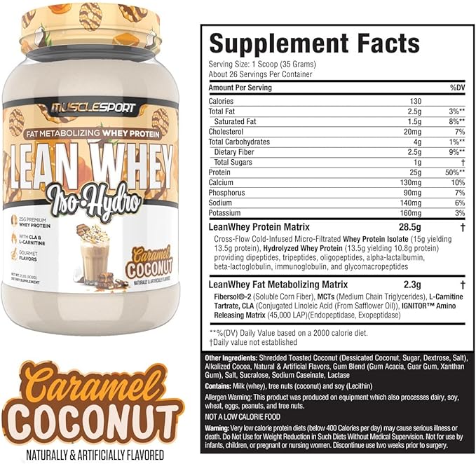 Musclesport Lean Whey Revolution™ Protein Powder - Whey Protein Isolate - Low Calorie, Low Carb, Low Fat, Incredible Flavors - 25g Protein per Scoop (2LB, Coconut Caramel)