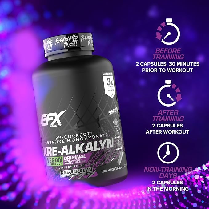 EFX Sports Kre-Alkalyn EFX | pH Correct Creatine Monohydrate Pill Supplement | Vegan Friendly | Strength & Muscle Growth | 90 Servings, 180 Veggie Capsules