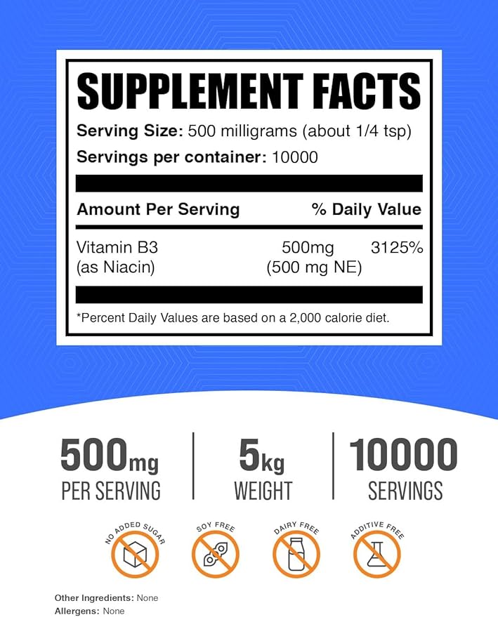 BulkSupplements.com Niacin Powder - Vitamin B3 Supplement, Niacin 500mg - Niacin Flush, Niacin with Flushing - Gluten Free, 500mg of Niacin per Serving, 5kg (11 lbs) (Pack of 5)