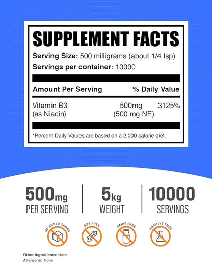 BulkSupplements.com Niacin Powder - Vitamin B3 Supplement, Niacin 500mg - Niacin Flush, Niacin with Flushing - Gluten Free, 500mg of Niacin per Serving, 5kg (11 lbs) (Pack of 5)