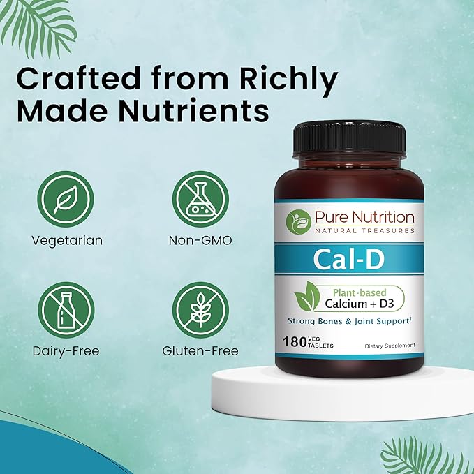 Pure Nutrition Cal D - Plant Based Calcium with Vitamin D3 K2 and Magnesium. Vegan Calcium Supplement with 500mg Elemental Calcium per Serving. Algae Calcium Supplement for Bone Health | 180 Tabs