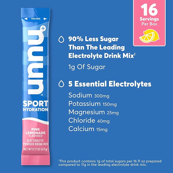 Nuun Sport Electrolyte Powder Packets - Pink Lemonade Flavor, 5 Essential Electrolytes for Hydration, Easy Open Drink Mix with Magnesium, 1g Sugar, Non GMO, Vegan, 16 Single Serving Sticks