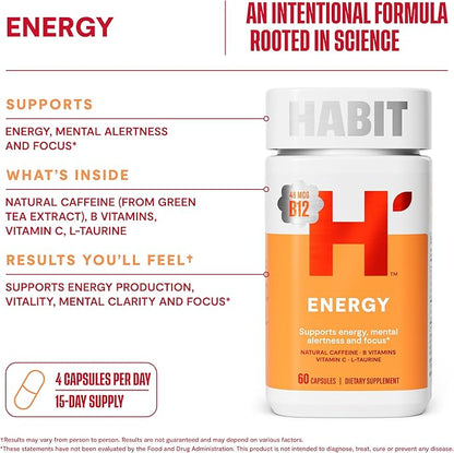 Habit Energy Supplement 2 Pack (120 Capsules) - New Look, Supports Energy, Mental Alertness and Focus, Natural Caffeine, Vitamins B & C, Green Tea Extract, Vegan, Non-GMO