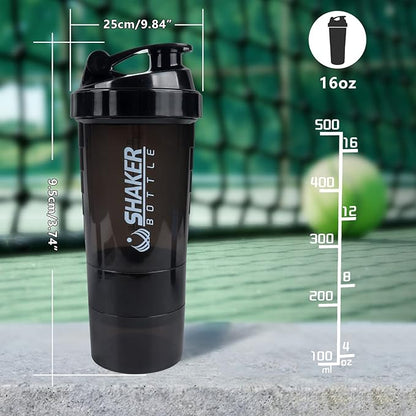 XTK Shaker Bottle 16OZ Protein Shaker Bottles with Mix Ball Portable Sports Water Bottle Leak Proof GYM Cup for Protein Mixes with Powder Storage & Pill Organizer, Idea for Pre Workout,BPA Free-Black