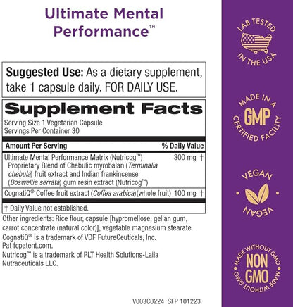 Purity Products Ultimate Mental Performance Supports Memory Recall, Mental Focus + More - Nootropic Powerhouse ft. Patented Botanical Plant-Based Ingredients - Vegan & Non-GMO - 30 Veggie Caps