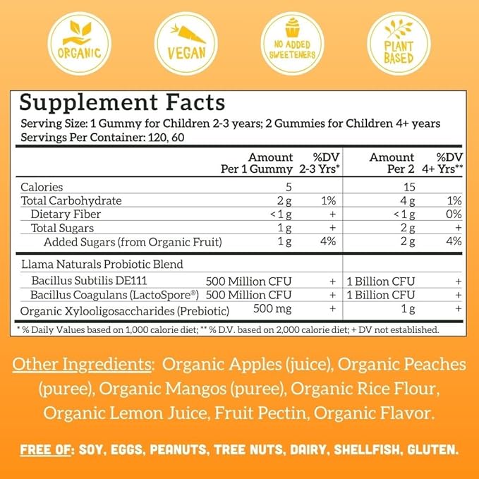 Llama Naturals Real Fruit Prebiotic & Probiotic Kids Gummies | No Added Sugar Cane | Vegan Organic Synbiotics | Children Digestion, Toddler Gut Health 2B CFU | 120 ct (2-4 Months) | Peach Mango