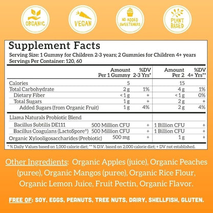 Llama Naturals Real Fruit Prebiotic & Probiotic Kids Gummies | No Added Sugar Cane | Vegan Organic Synbiotics | Children Digestion, Toddler Gut Health 2B CFU | 120 ct (2-4 Months) | Peach Mango