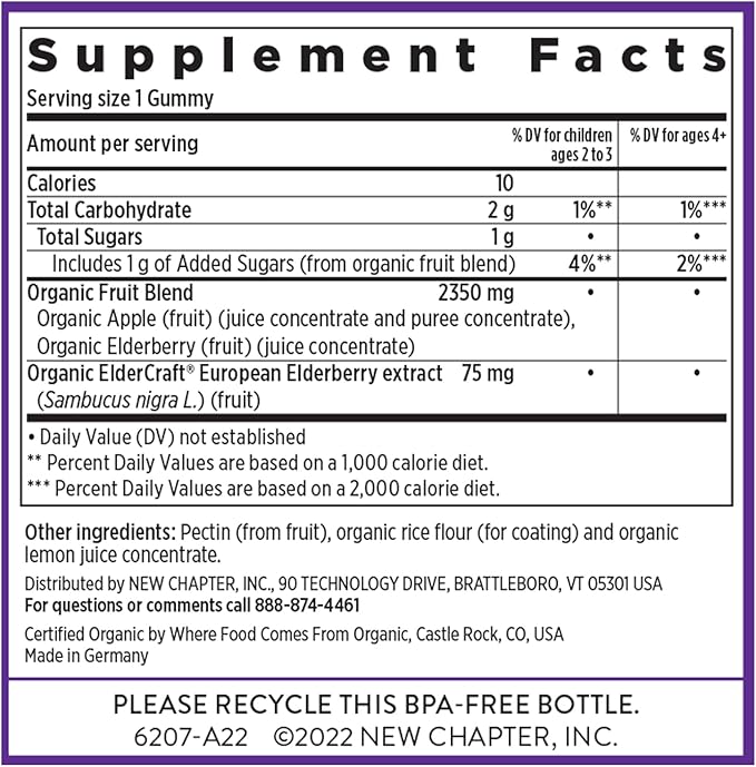 New Chapter Elderberry Gummies for Kids 2+, USDA Organic,64x Concentrated Pure Elderberry for Immune Support,Great Tasting Whole-Food Gummies, Vegan & Non-GMO, 30 ct