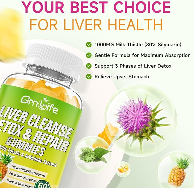 Liver Cleanse Detox & Repair Gummies with Milk Thistle 3000mg, 24-in-1 Liver Health Supplement with Dandelion, Artichoke, Sugar Free Liver Detox Gummies, Pineapple Flavor - 60 Count