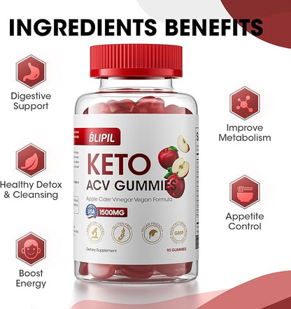 Keto ACV Gummies - Sugar Free Weight Loss Formula with 1500mg Apple Cider Vinegar for Men & Women - Gelatin-Free, Gluten-Free, Vegan & Non-GMO - 90 Count