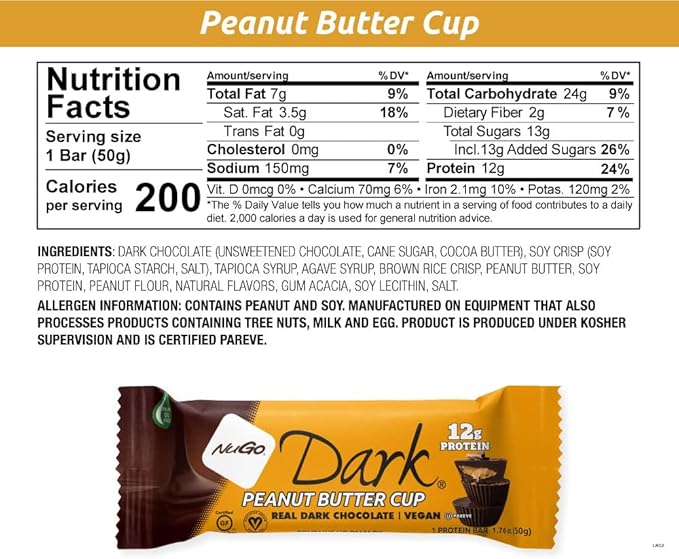 NuGo Dark Chocolate Peanut Butter Cup, 12g Protein Bar, Vegan, Gluten Free, Non-GMO, Kosher Pareve 12 Count