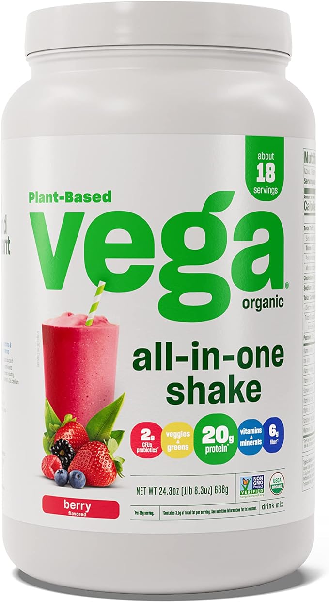 Vega Organic All-in-One Vegan Protein Powder, Berry - Superfood Ingredients, Vitamins for Immunity Support, Keto Friendly, Pea Protein for Women & Men, 1.5 lbs (Packaging May Vary)