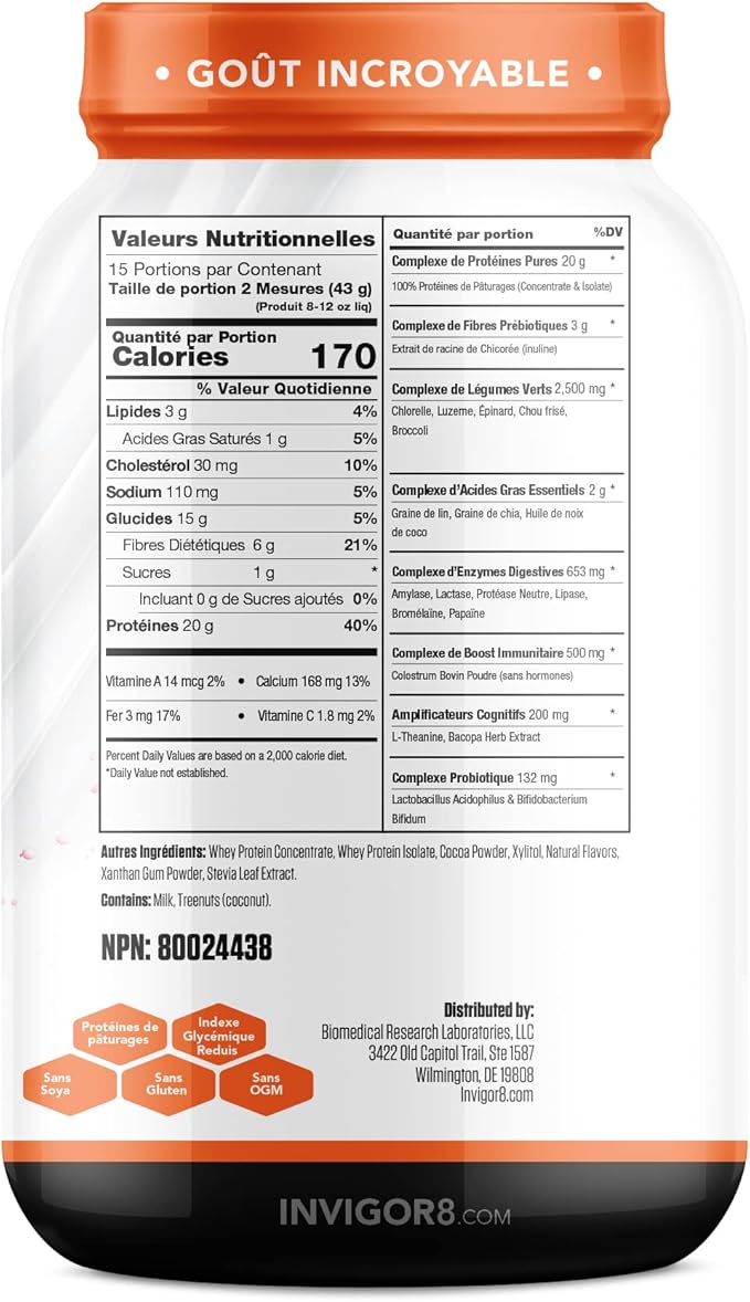 INVIGOR8 Superfood Grass Fed Whey Protein Isolate Shake Chocolate Brownie Gluten-Free and Non GMO Meal Replacement with Probiotics and Omega 3 (645g)