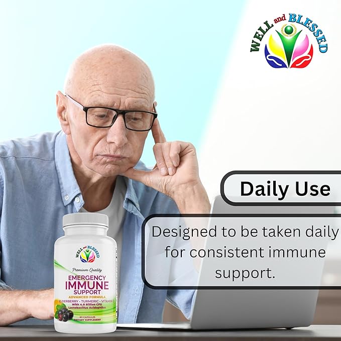 Emergency Immune Support - 60 Capsules - Elderberry, Turmeric, Vitamin C - Advanced Formula Capsules with Artificial Additives - Vegan Friendly