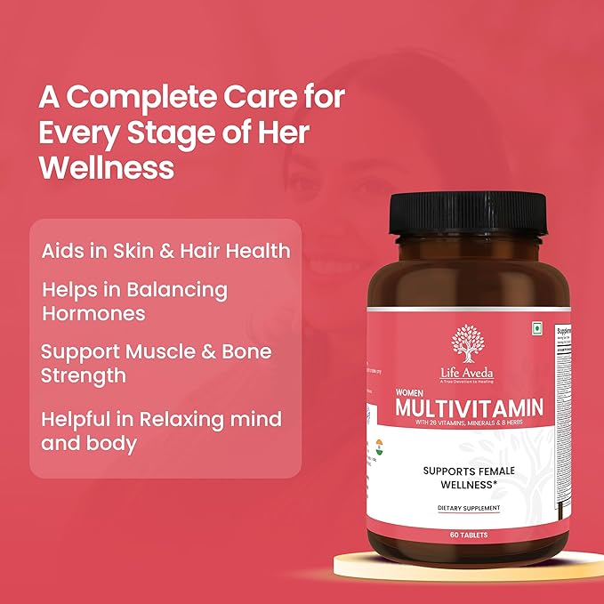 Life Aveda- Daily Multivitamin for Women with Vitamin A, B12, C, D, Calcium and More - 60 Capsules