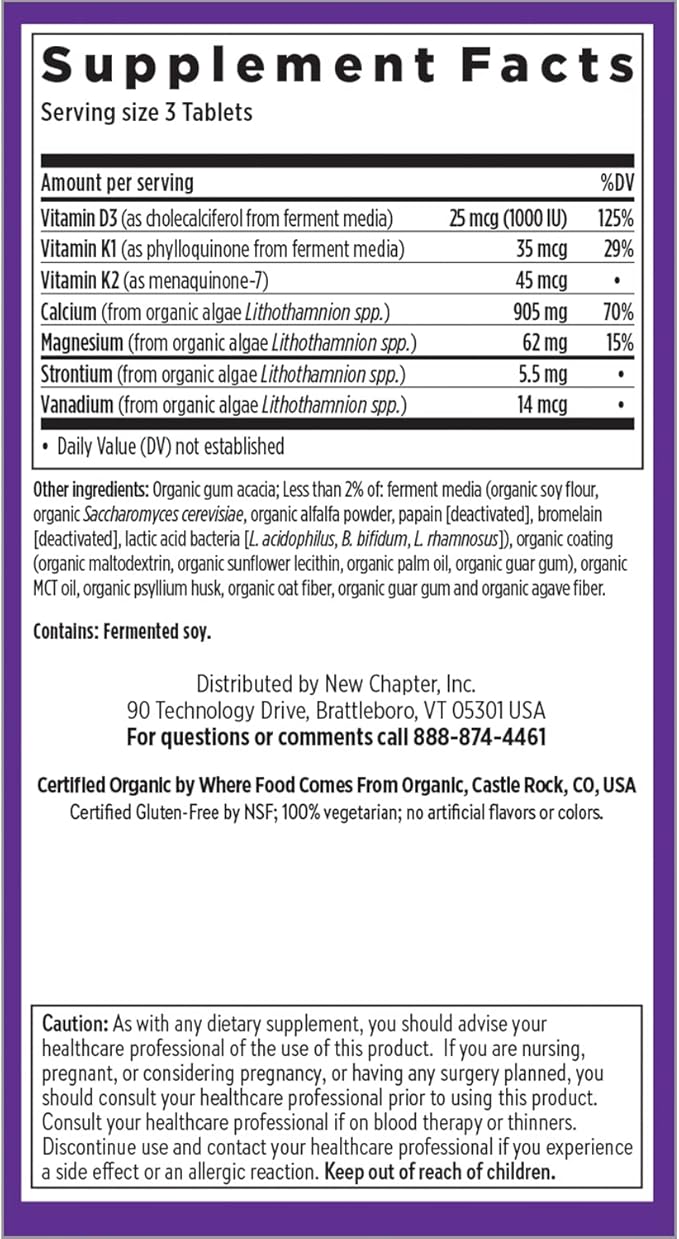 New Chapter Calcium Supplement - Bone Strength Organic Calcium with Magnesium, Vitamin D3+K2, 70+ Trace Minerals for Bone Health, Gluten Free, Easy to Swallow Slim Calcium Tablets - 120 Count