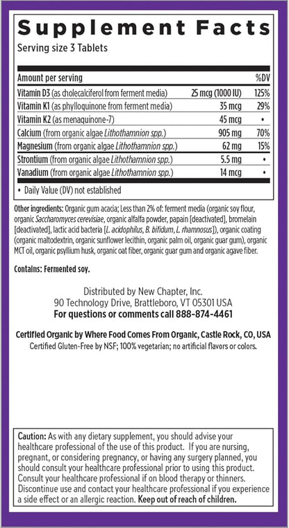 New Chapter Calcium Supplement - Bone Strength Organic Calcium with Magnesium, Vitamin D3+K2, 70+ Trace Minerals for Bone Health, Gluten Free, Easy to Swallow Slim Calcium Tablets - 120 Count