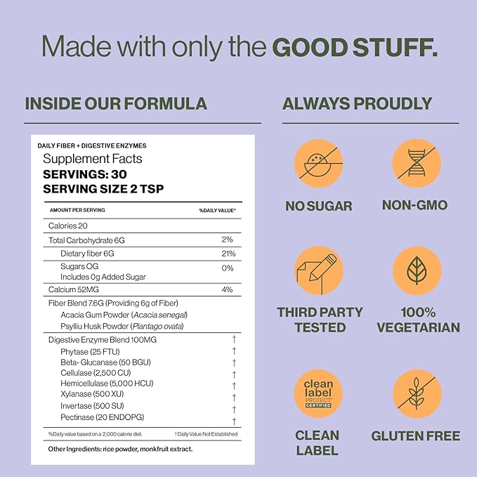 Hilma Daily Fiber + Digestive Enzymes – Fiber Supplement Powder with Prebiotics & Enzymes Formulated with Psyllium Husk & Acacia - Gluten Free, Vegan, FSA Eligible - Digestive Support - 30 Servings