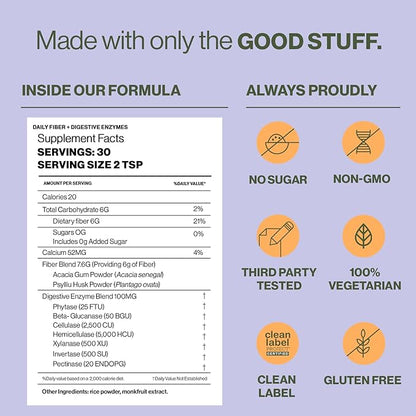 Hilma Daily Fiber + Digestive Enzymes – Fiber Supplement Powder with Prebiotics & Enzymes Formulated with Psyllium Husk & Acacia - Gluten Free, Vegan, FSA Eligible - Digestive Support - 30 Servings