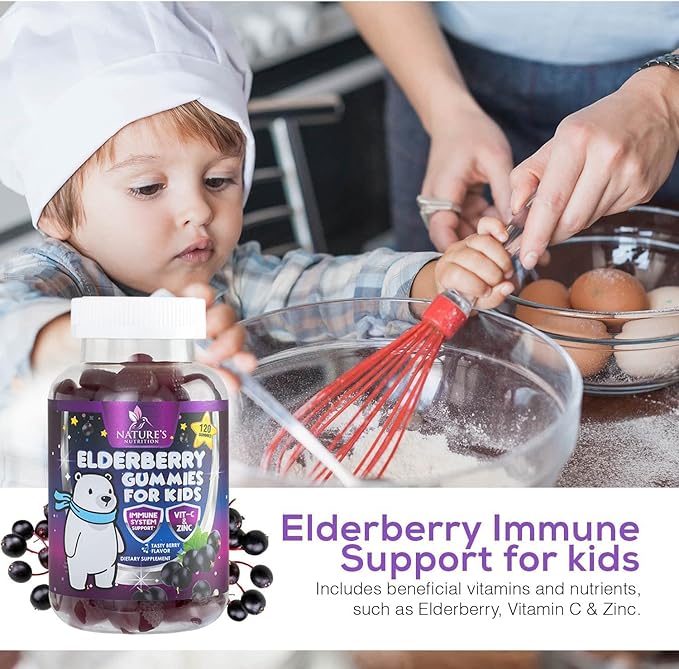 Sambucus Elderberry Immune Gummies for Kids with Vitamin C, Zinc & Elderberry, Daily Childrens Immune Support Vitamins Gummy Children Ages 4 Up, Natures Supplement, Non-GMO, Berry Flavor, 120 Gummies