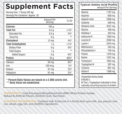 Core Nutritionals ISO, 100% Micro Filtered, Zero Artificial Fillers, 25g Whey Protein Isolate, 32 Servings (Vanilla Cake)