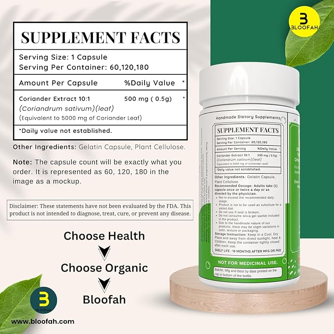 Coriander Leaf Extract 10:1 Capsules 5000mg - 60 Count | 100% Pure Coriander (Coriandrum sativum) Leaf Powder Supplement | Rich Source of Vitamin A & C | Natural, Non-GMO, Gluten Free