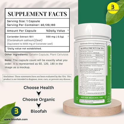 Coriander Leaf Capsules 500mg - 120 Count | 100% Pure Coriander Extract 10:1 (Coriandrum sativum) Leaf Powder Supplement | Natural Body Cleansing & Detox | Non-GMO, Gluten Free Formula