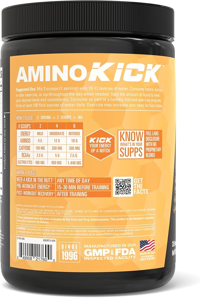 NutraBio Amino Kick - Amino Acid Energy Formula - BCAA's, Electrolytes for Hydration, Natural Caffeine- 30 Servings (Georgia Peach Tea)