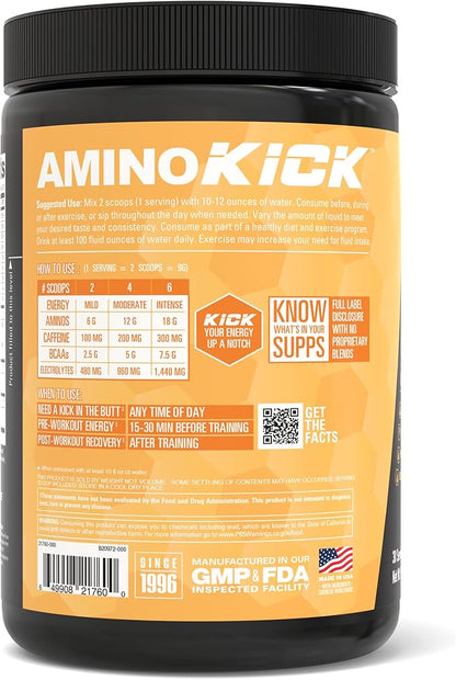 NutraBio Amino Kick - Amino Acid Energy Formula - BCAA's, Electrolytes for Hydration, Natural Caffeine- 30 Servings (Georgia Peach Tea)