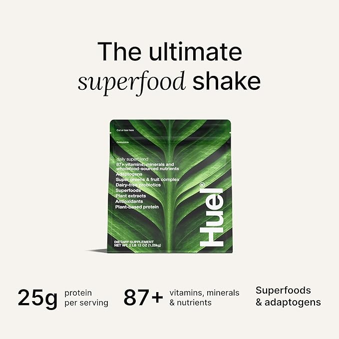 Huel Daily Superblend Vanilla Powder, 25g Plant Based Protein, Super Greens, 87 Vitamins, Minerals, and Wholefood-Sourced Ingredients, 19 Servings, Scoop not Included to Reduce Plastic