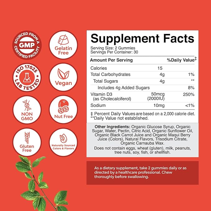 Organic Vitamin D Gummies for Adults - Daily Immune Support Gummies with Vegan Vitamin D3 2000IU - USDA Organic Vitamin D3 Gummies for Adults Wellness - Non GMO Gluten Free - 1 Month Supply