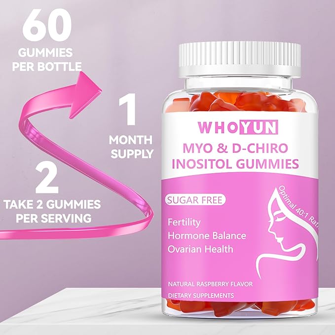 Inositol Gummies Sugar Free, Myo-Inositol & D-Chiro Inositol 40:1 Ratio Supplement for Women, Fertility, Hormone Balance, Ovarian Health, 60 Count