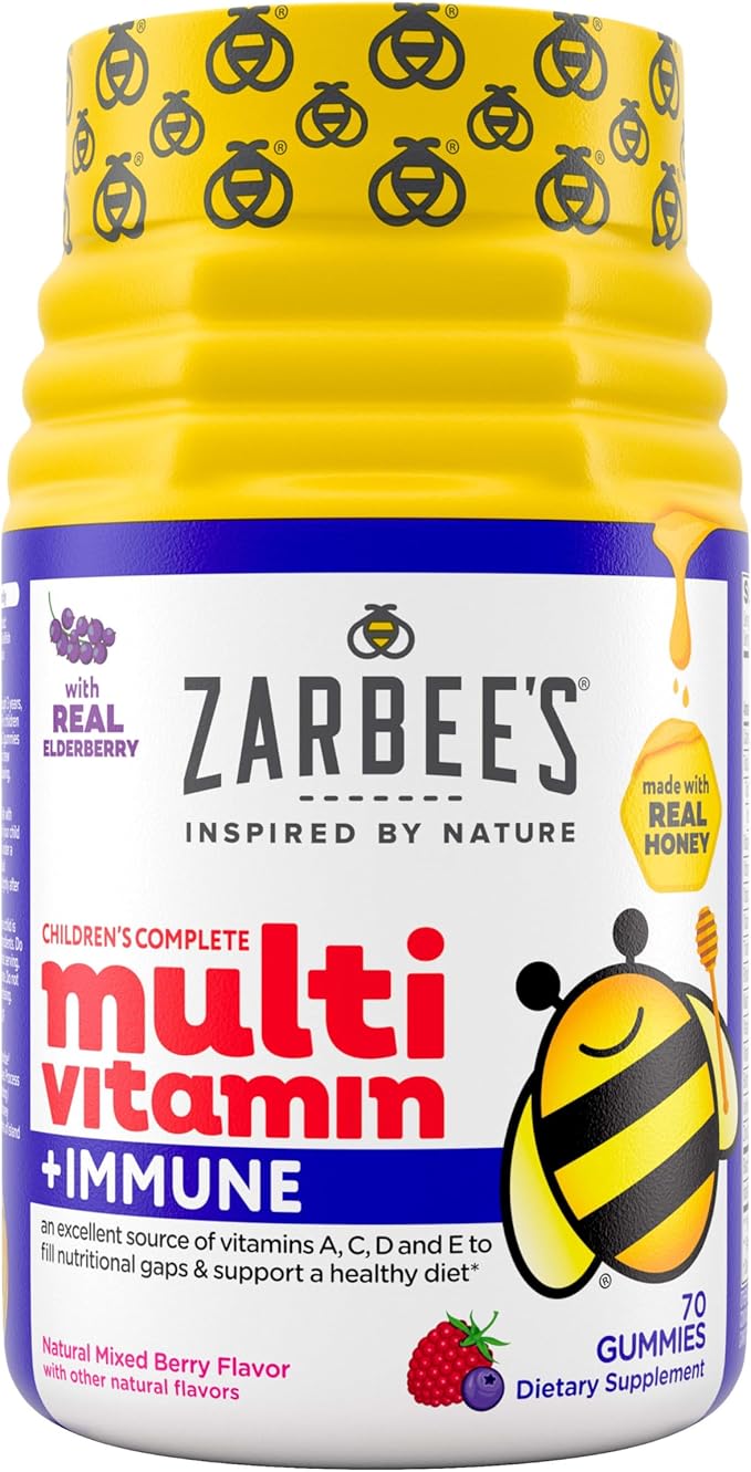 Zarbee's Complete Kids Multivitamin Gummies + Immune Support, Children Vitamins Gummy with Vitamin A, C, D3, E, B6, B12, Folic Acid & Total B-complex, 70 Count