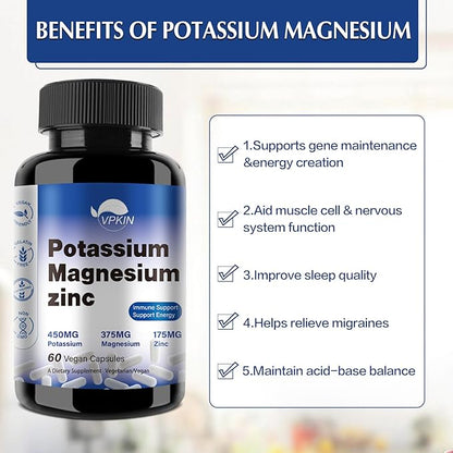 Potassium Magnesium Supplement 1000mg,Magnesium Potassium Zinc for Leg Cramps,High Absorption Magnesium Complex,Vegan (60 Capsules)
